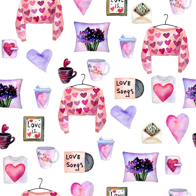 Valentines day watercolor seamless pattern with different elements