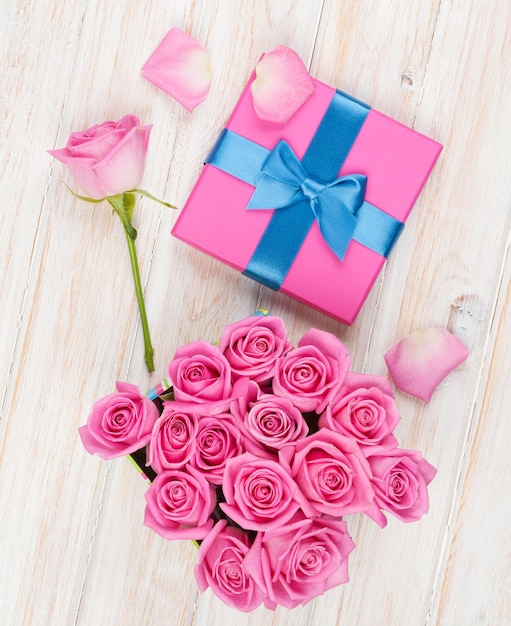 Valentines day with gift box full of pink roses