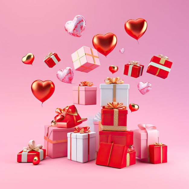 valentines day with various gift boxes floating in the air on pink background