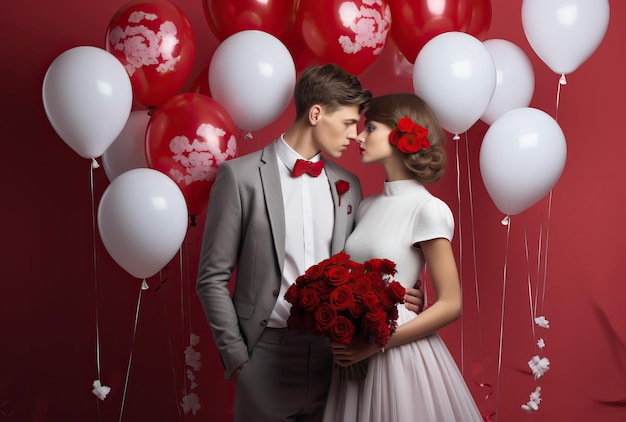 valentines day with young couple holding balloons in the style of light gray and crimson