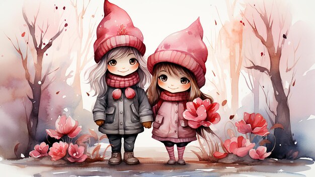 Valentines gnome couple love Nordic gnome Scandinavian gnomes Watercolor girl