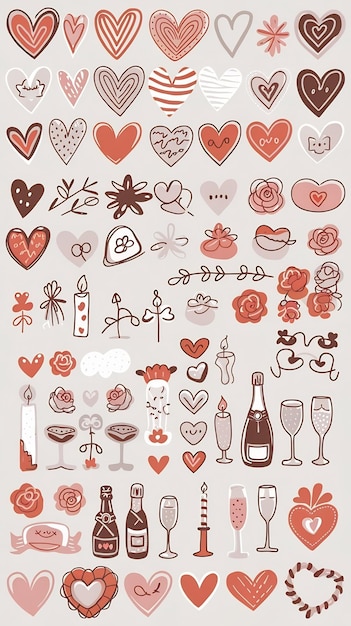 Photo valentines hearts and objects collection set of 70 hand drawn doodle hearts and other objects fo