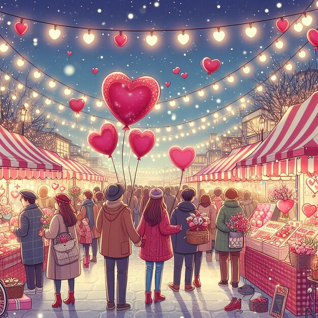 Valentines Market Bustling with Love and Festivity