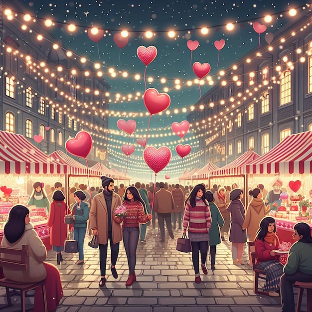 Valentines Market Bustling with Love and Festivity