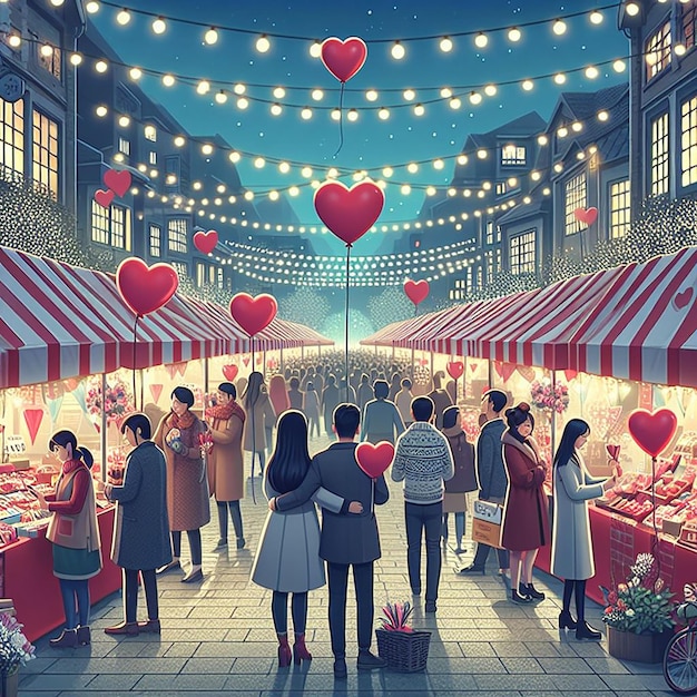 Valentines Market Bustling with Love and Festivity