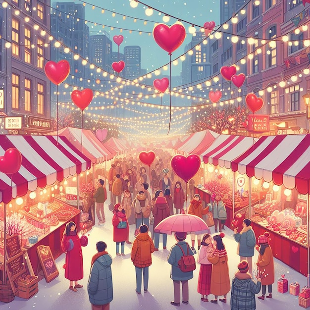 Valentines Market Bustling with Love and Festivity