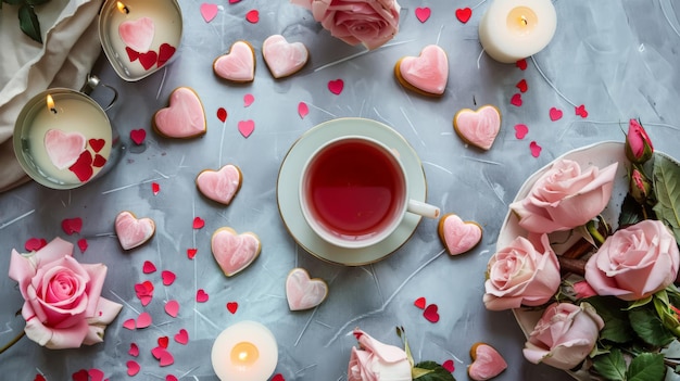 Photo valentines tea and heartshaped cookies with roses