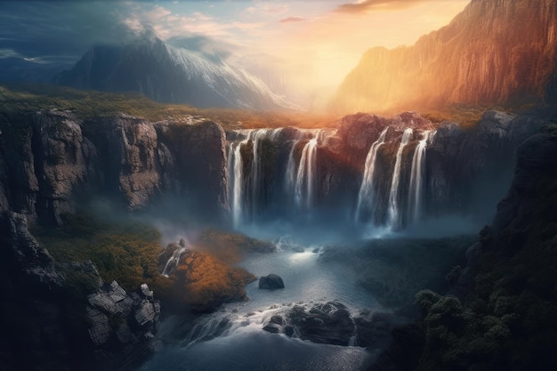 Valhalla paradise mountains waterfalls photographic Generative AI