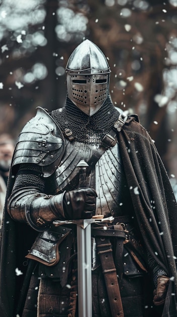 Photo a valiant knight awaits in a mystical forest snow softly falling around him