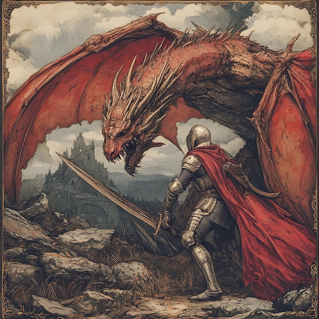 Photo valiant knight battles ferocious dragon in epic medieval fantasy