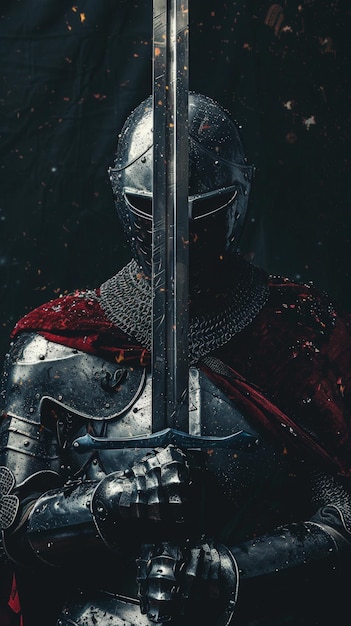 Photo a valiant knight prepares for battle holding a gleaming sword in dim light