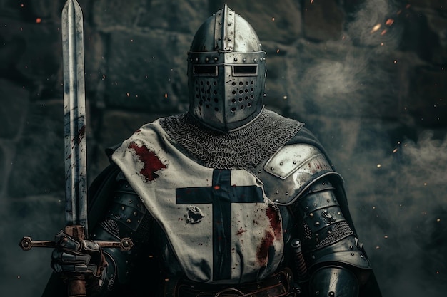 Photo a valiant knight stands ready for battle in a medieval fortress cloaked in armor and honor