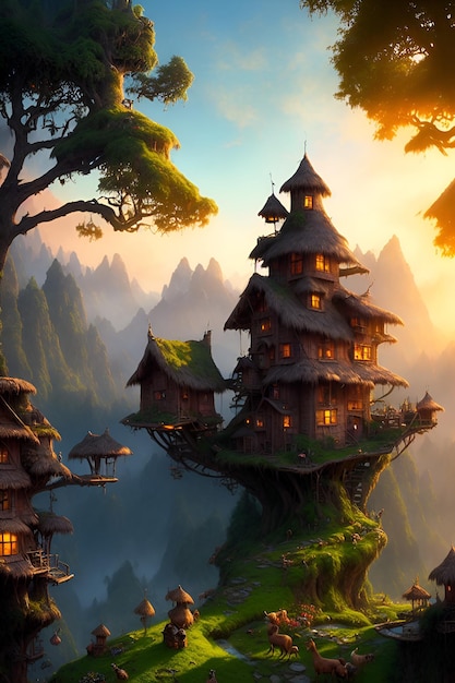 Valley fairytale treehouse village covered matte painting design ai generative