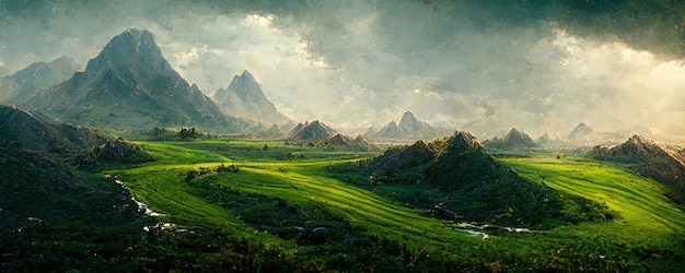 Valley landscape in highlands with green hills and tea plantations