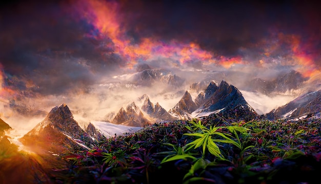 Valley of Sativa cannabis plant snowcapped mountain