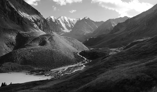 Valley with lake and river black and white landscape