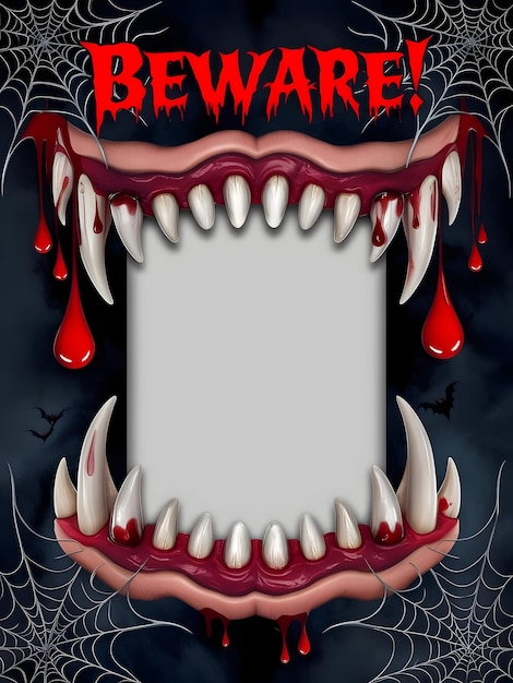 Photo vampire teeth and blood border with beware wording for halloween projects an eerie frame for custo