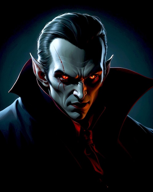 A vampire with glowing red eyes