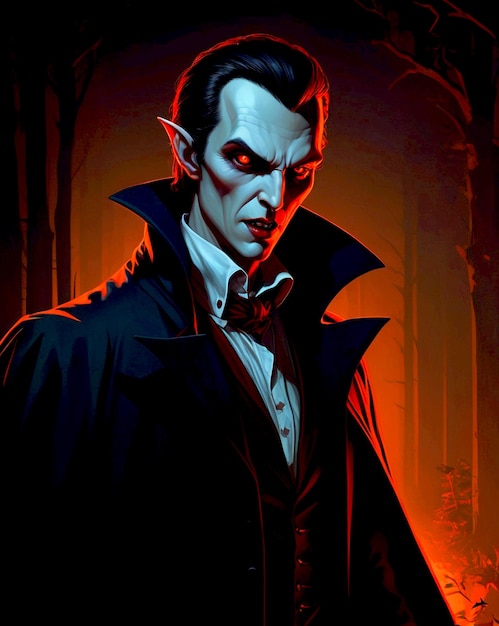 A vampire with glowing red eyes