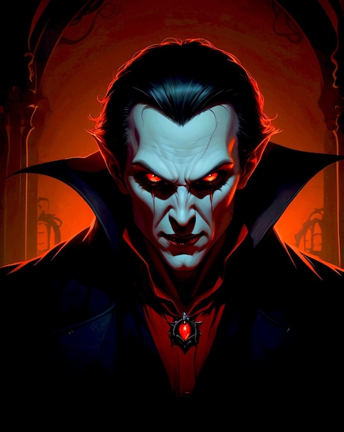 A vampire with glowing red eyes