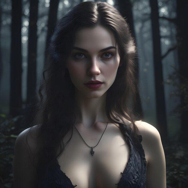 Vampire woman in a dark forest