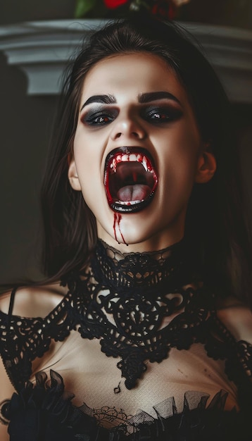 Vampire Woman with Blood Dripping from Her Mouth