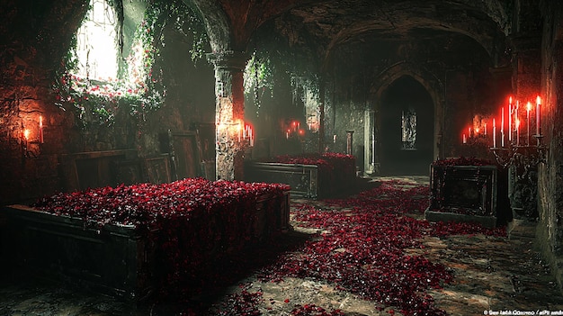 A vampires lair with ancient coffins cobwebs and bloodred candles glowing ominously