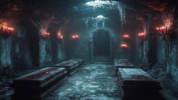 Photo a vampires lair with ancient coffins cobwebs and bloodred candles glowing ominously