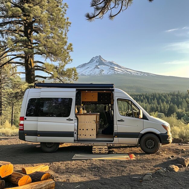 Van camper camping in the forest