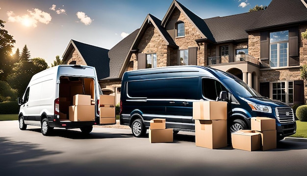 Photo van full of moving boxes and furniture near house