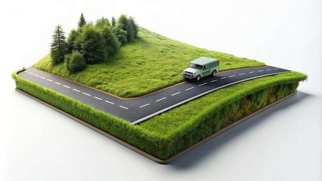 a van is driving on a road with trees on the top of it