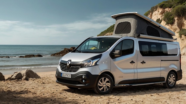 a van renault trafic realisticly camping on a beach