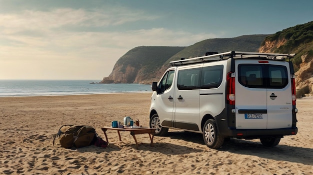 Photo a van renault trafic realisticly camping on a beach