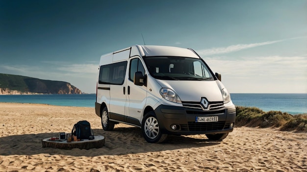 a van renault trafic realisticly camping on a beach