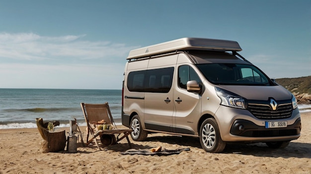 a van renault trafic realisticly camping on a beach