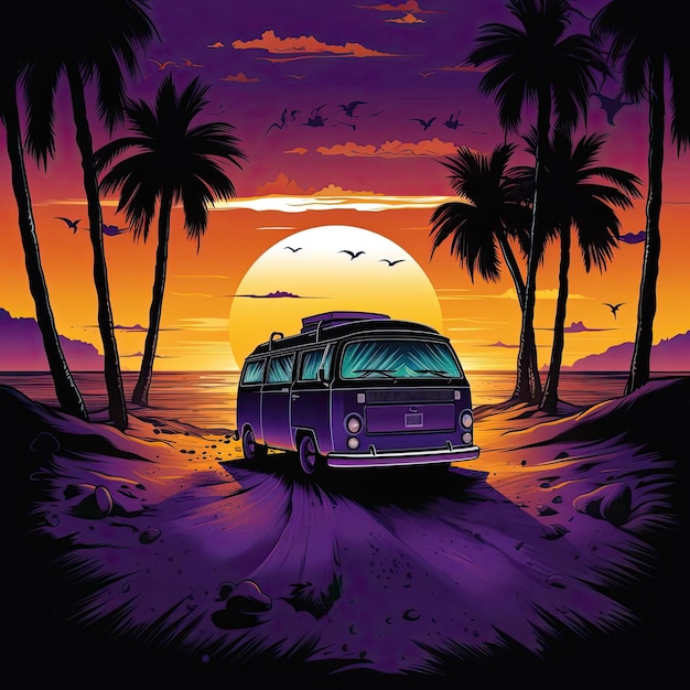 a van at sunset on a beach with palm trees in the style of psychedelic illustration