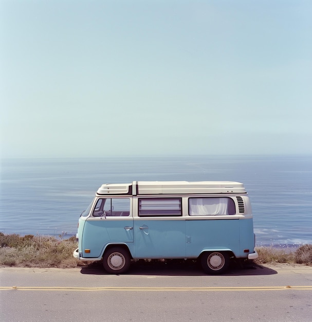 van vintage truck and sea in the style of street photography vibe pastel color palette flat per