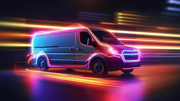 A van with a neon effect on the front.