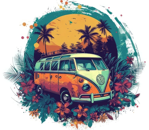 Photo a van with palm trees and a sunset in the background