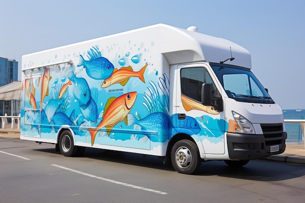 a van with a picture of fish on the side of it