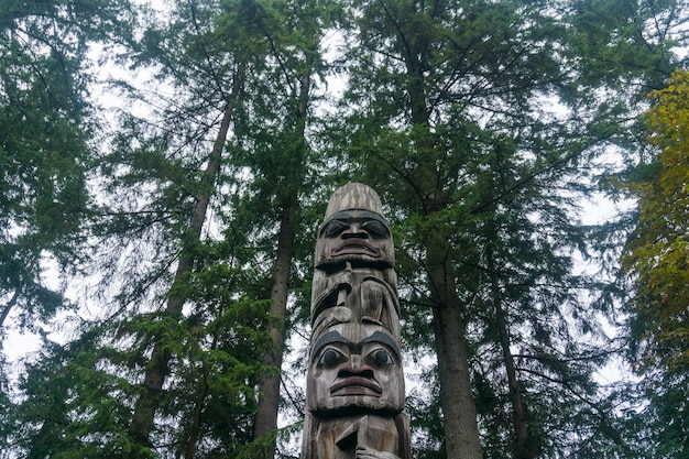 VANCOUVER CANADA SEPTEMBER 11th 2018 First Nations totem poles in Capiliano park Vancouver Canada