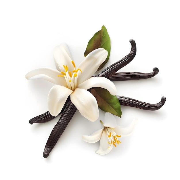 Photo vanilla bean with flowers and green leaf