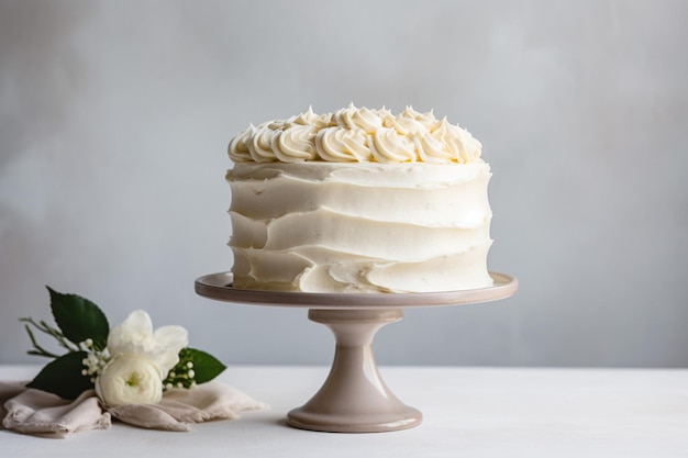 Vanilla buttercream layered cake on a cake stand