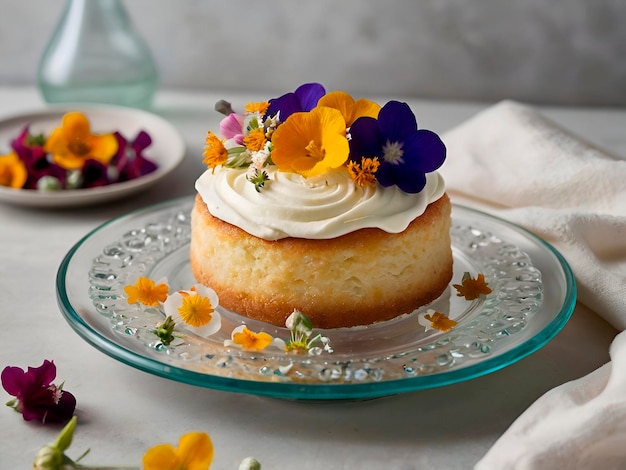 A vanilla cake topped with whipped cream and edible flowers on a clear vibrant glass charger