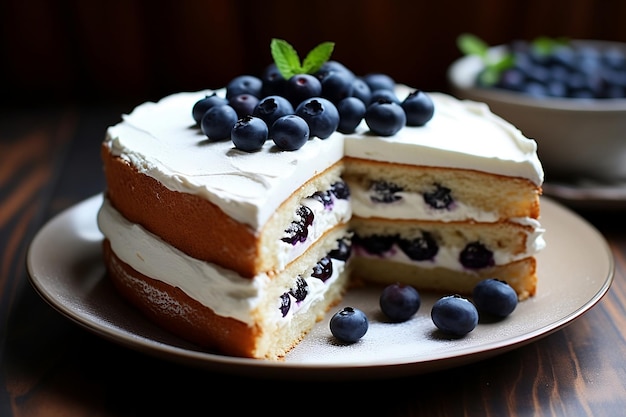 Vanilla cake with blueberries and blueberries