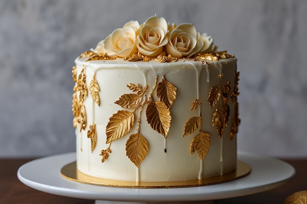 Photo vanilla cake with a smooth vanilla frosting and edible gold leaf for a touch of luxury