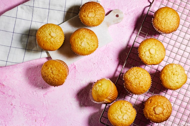 Vanilla Caramel Nuts Muffins In Paper Cups with reeds plant on grill