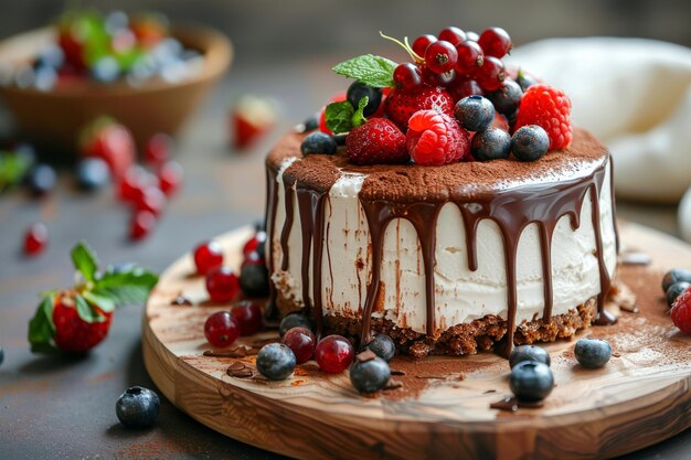 Vanilla cheesecake with chocolate top and berries