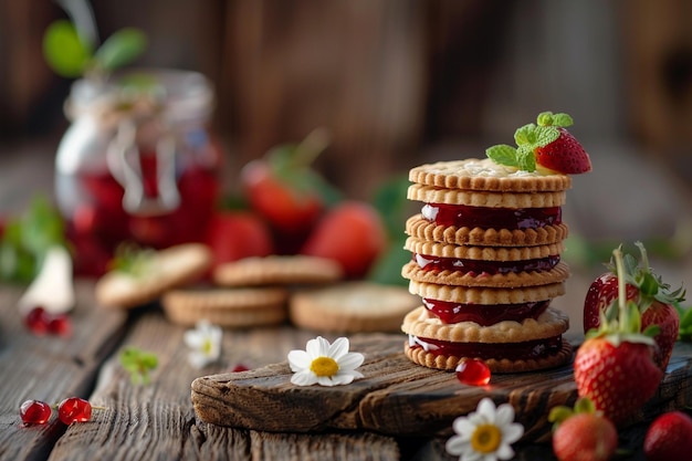 Vanilla cookies with a jar of strawberry jelly in the background