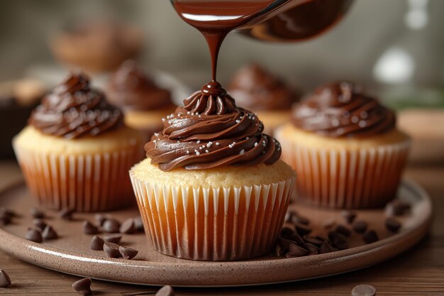 A vanilla cupcake with chocolate cream standing on a wooden board is poured with chocolate topping